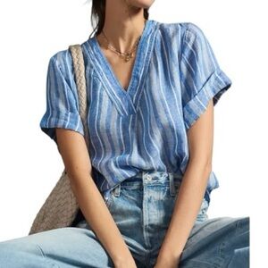 Anthropologie Pilcro Blue & White Striped Linen Henley Surf Shirt - M